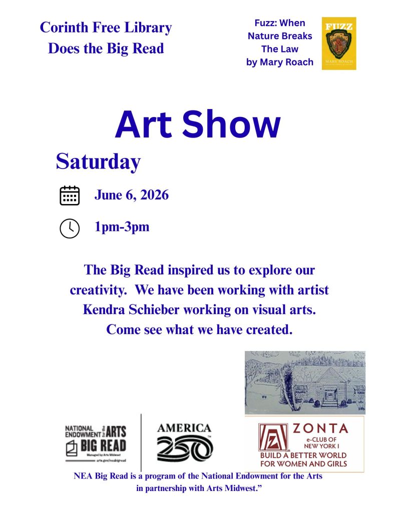 Saturday June 6 1-3pm - Art Show
The Big Read inspired up to explore our creativity.  We have been working with artist Kendra Schieber on visual arts.  Come see what we have created.